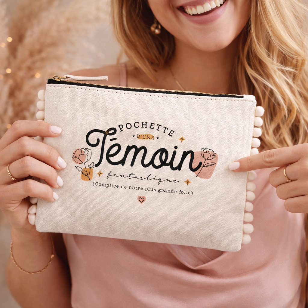 Pochette pompons témoin – Pochette d’une témoin fantastique, complice de notre plus grande folie – cadeau témoin – mariage – EVJF