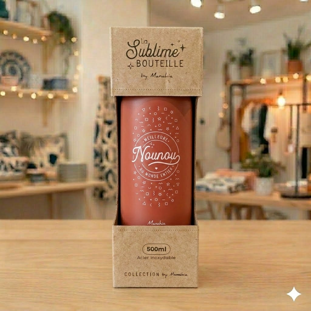 Bouteille nounou – Meilleure nounou du monde entier – gourde isotherme inox 500 ml – cadeau nounou – merci nounou