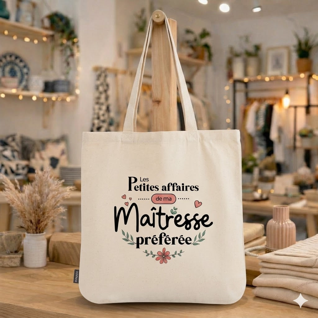 Tote bag maîtresse – Petites affaires de ma maîtresse préférée – sac coton – cadeau maîtresse – fin d’année scolaire