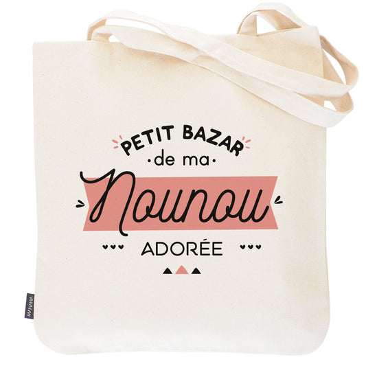 Tote bag nounou – Petit bazar de ma nounou adorée – sac coton – cadeau nounou – fin d’année scolaire