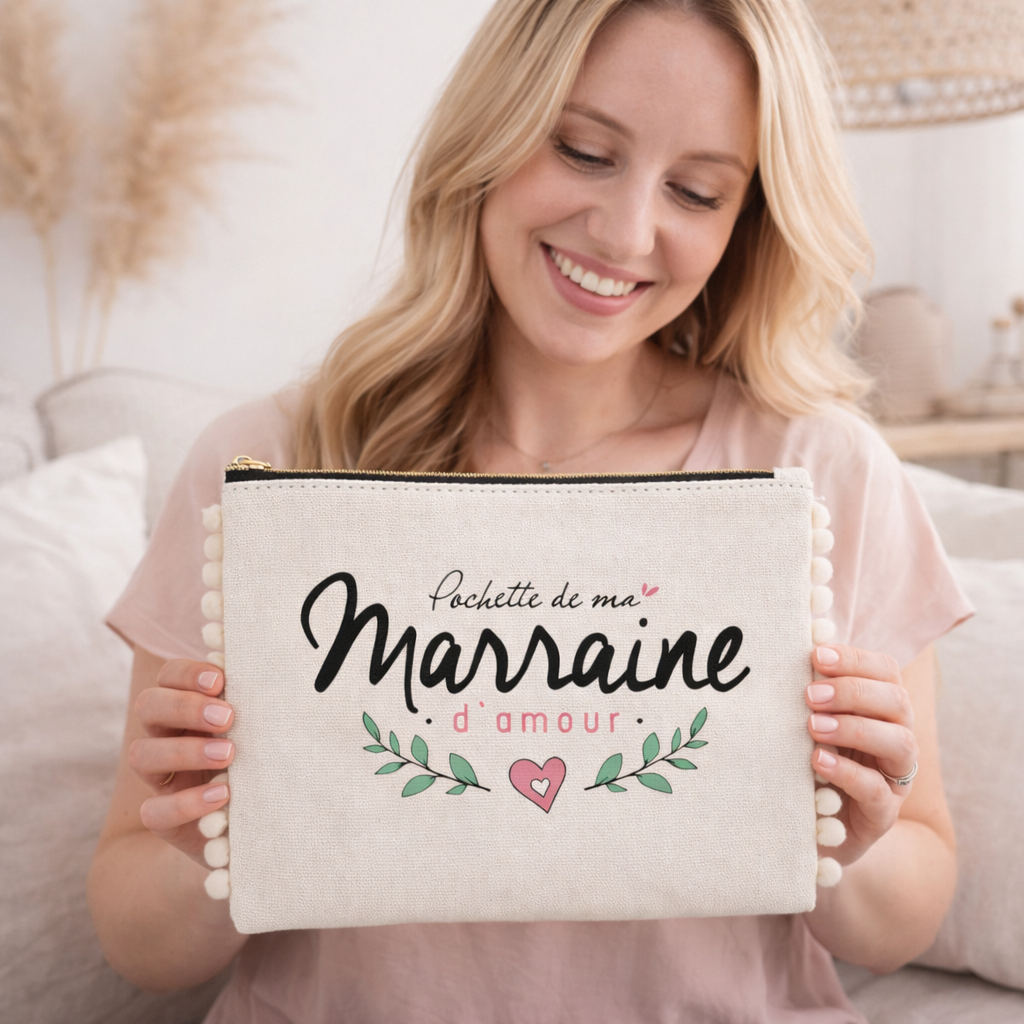 Pochette pompons marraine – Pochette de ma marraine d’amour – pochette coton – cadeau marraine – baptême