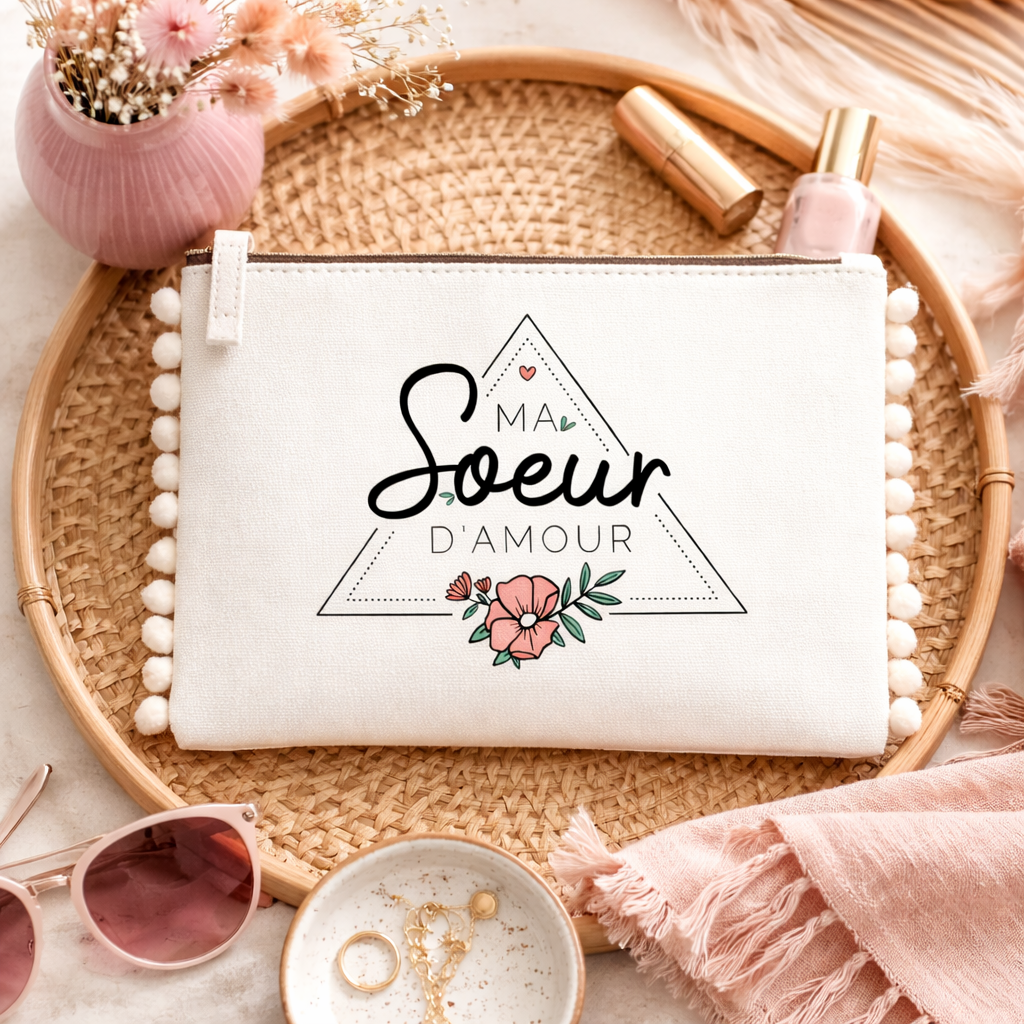 Pochette pompons sœur – Ma soeur d'amour – pochette coton – cadeau sœur