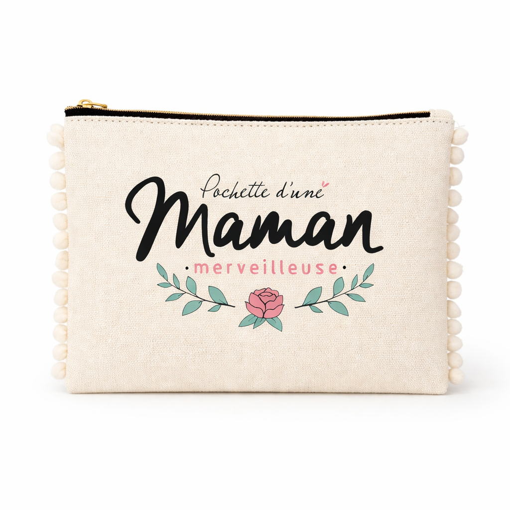 Pochette pompons maman – Pochette d’une maman merveilleuse – pochette coton – cadeau maman – fête des mères