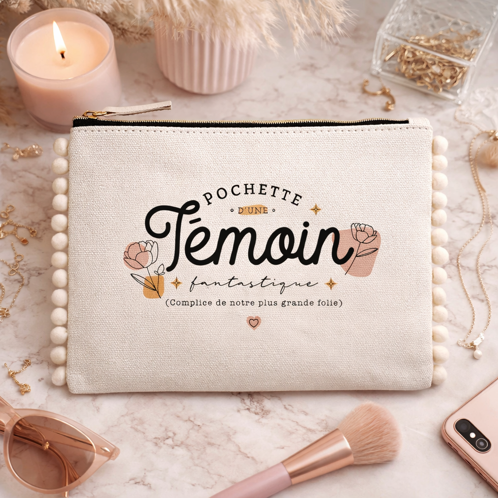 Pochette pompons témoin – Pochette d’une témoin fantastique, complice de notre plus grande folie – cadeau témoin – mariage – EVJF