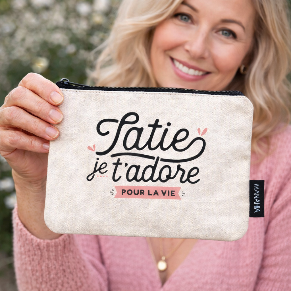 Pochette tatie – Tatie je t’adore pour la vie – pochette coton – cadeau tata