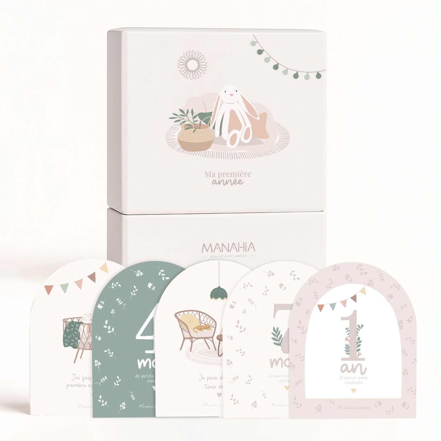 Coffret naissance bébé – Petit doudou mouton tout doux + 20 cartes étapes + 1 carte "Bienvenue joli coeur"