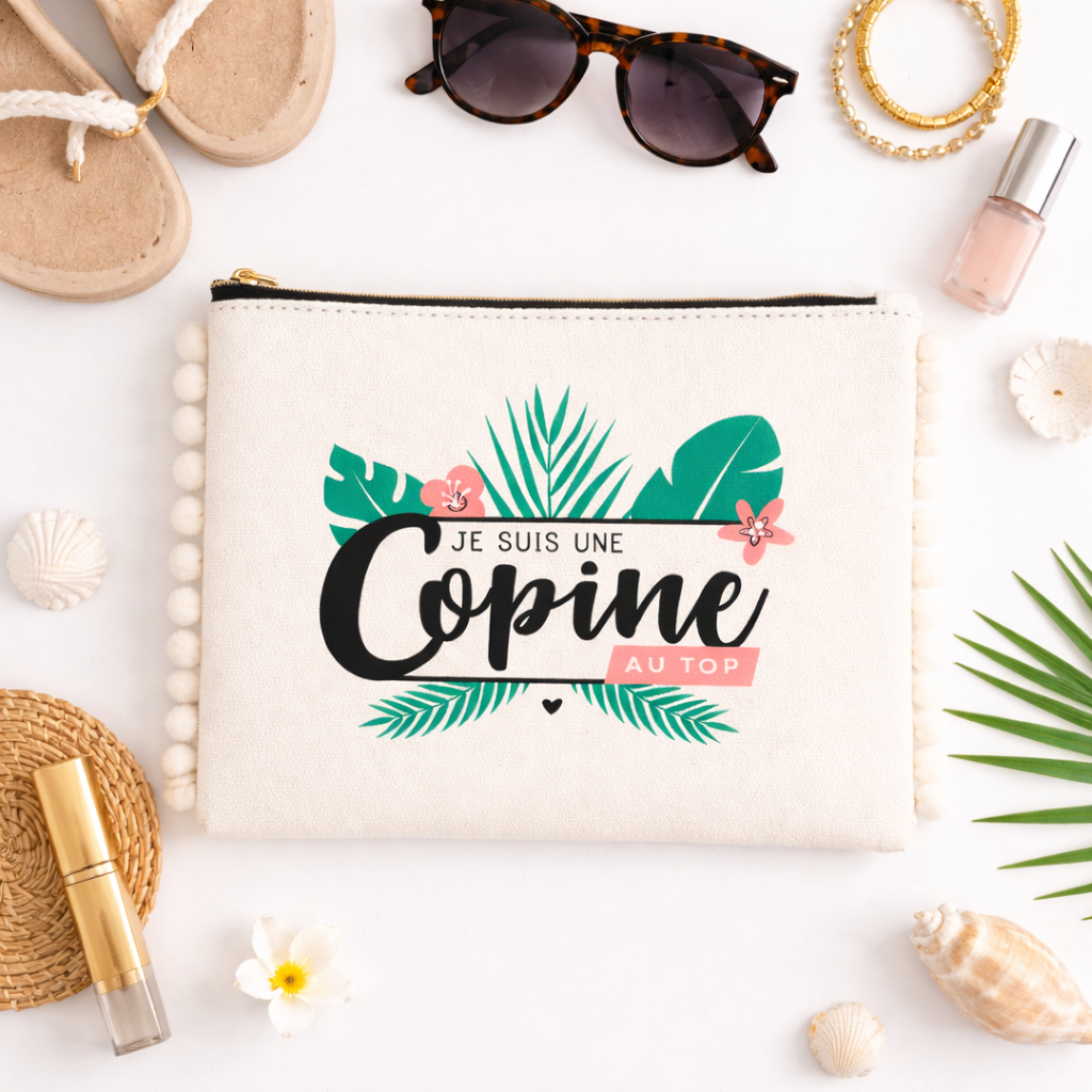 Pochette pompons copine – Je suis une copine au top – pochette coton – cadeau amie – anniversaire – Noël