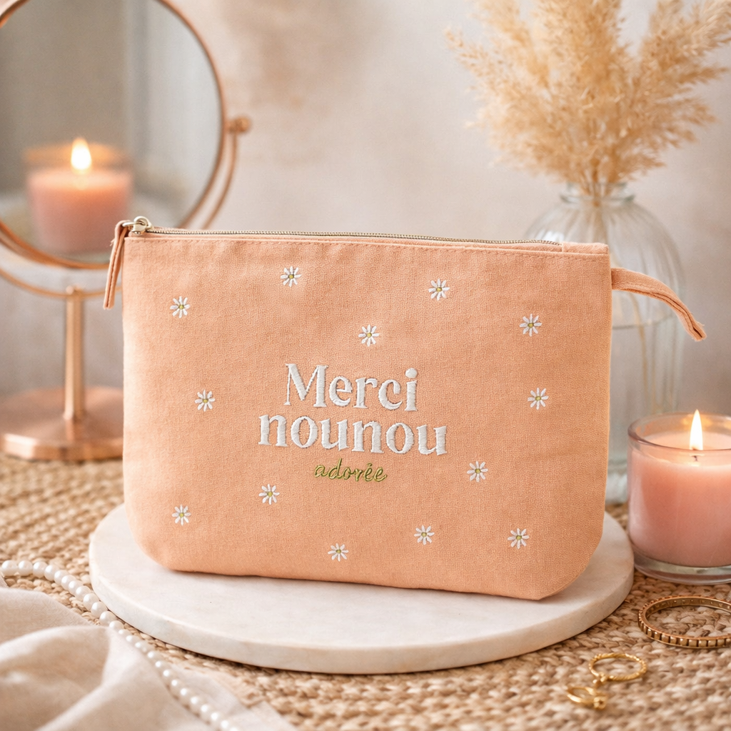 Pochette brodée nounou – Merci nounou adorée – pochette coton – cadeau nounou – fin d’année scolaire