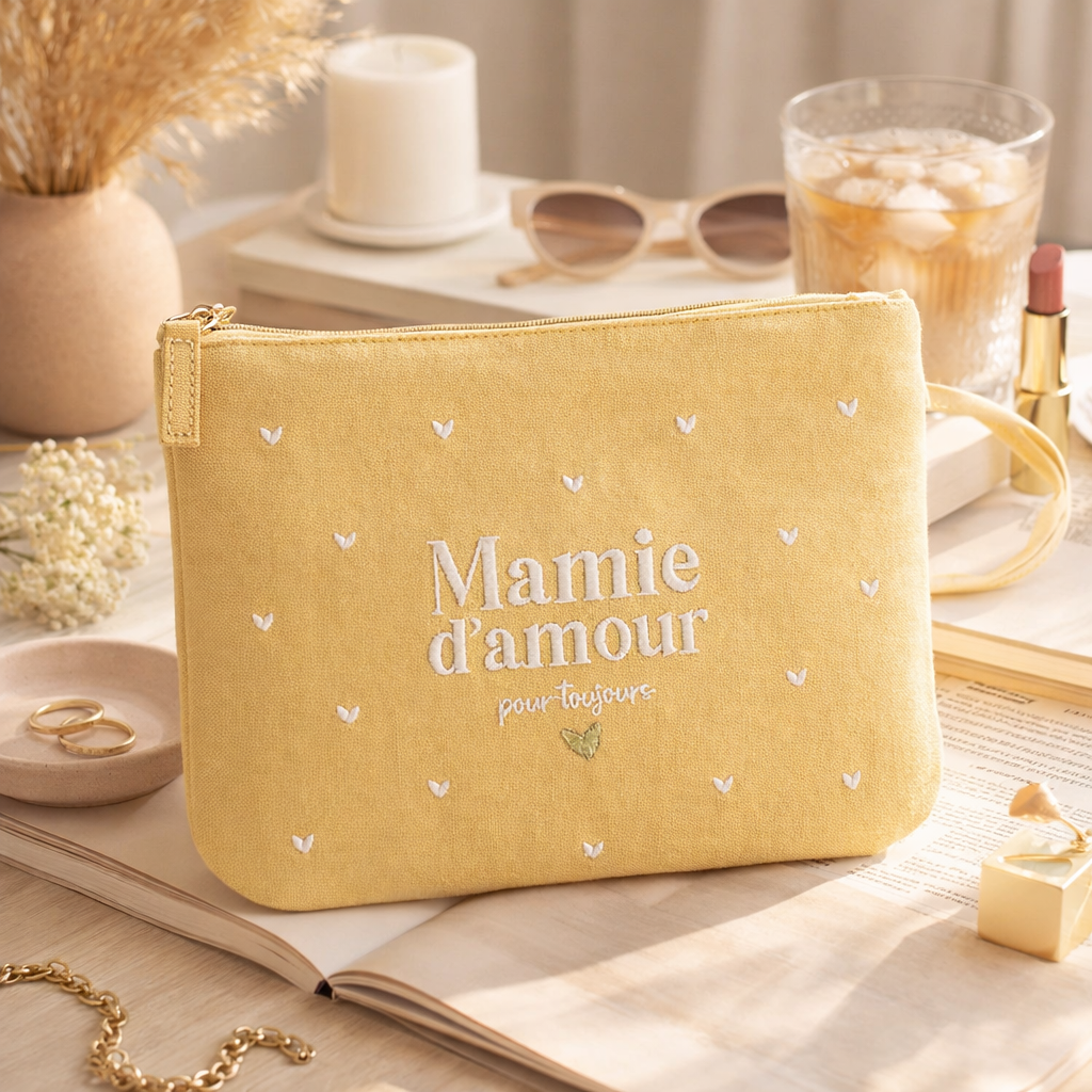 Pochette brodée mamie – Mamie d’amour pour toujours – pochette coton – cadeau mamie – fête des grands-mères