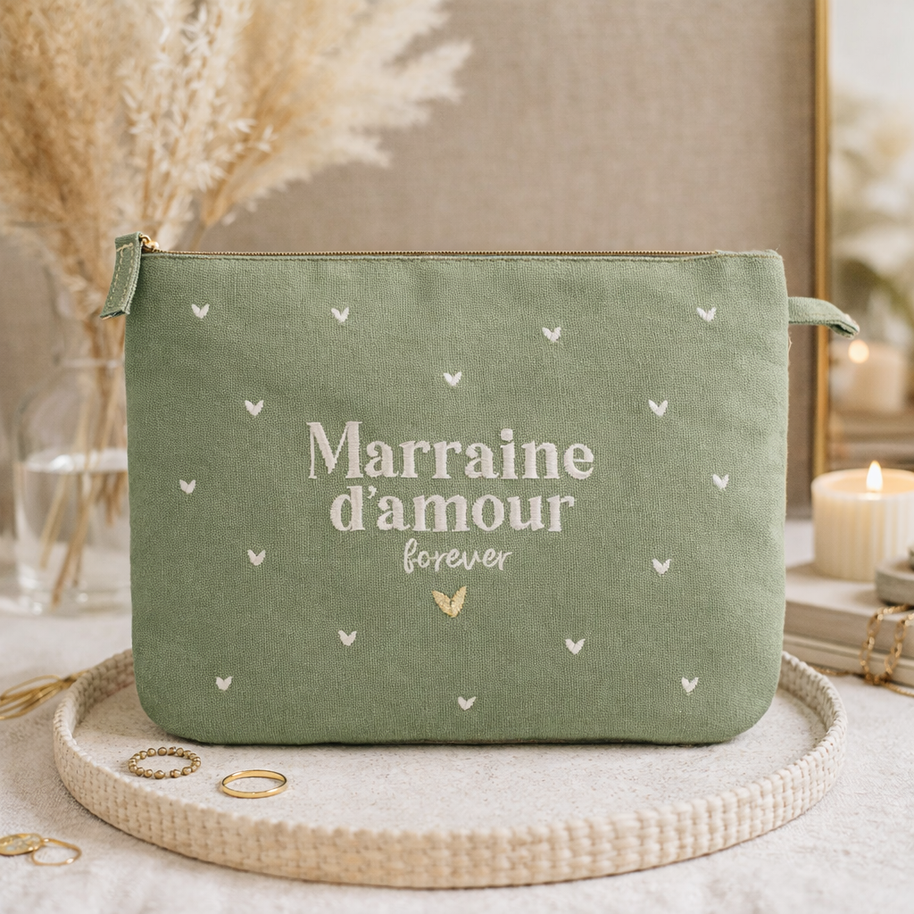 Pochette brodée marraine – Marraine d’amour forever – pochette coton – cadeau marraine – baptême