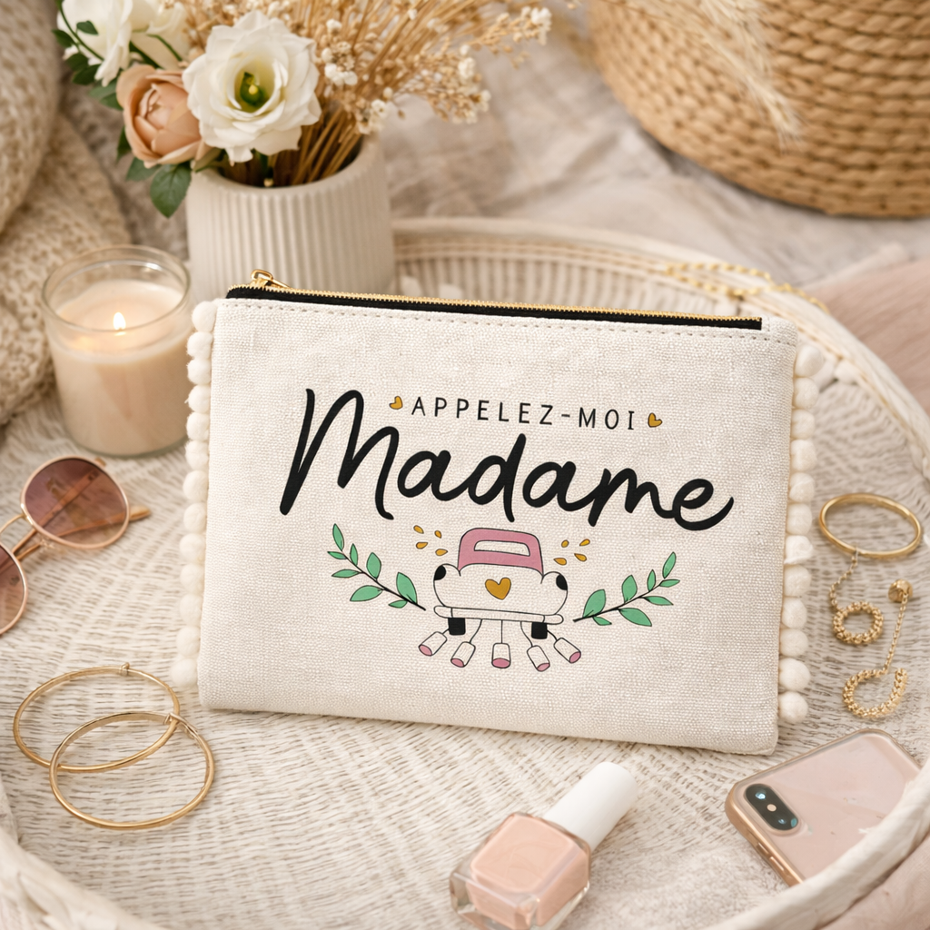 Pochette pompons mariée – Appelez moi madame – pochette coton – cadeau mariage – EVJF – future mariée